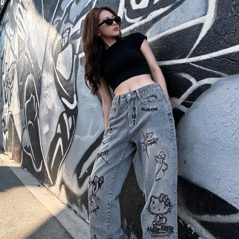 Cute Keiokitty Rhinestone Graf - Street Fashion Jeans Women recension och pris